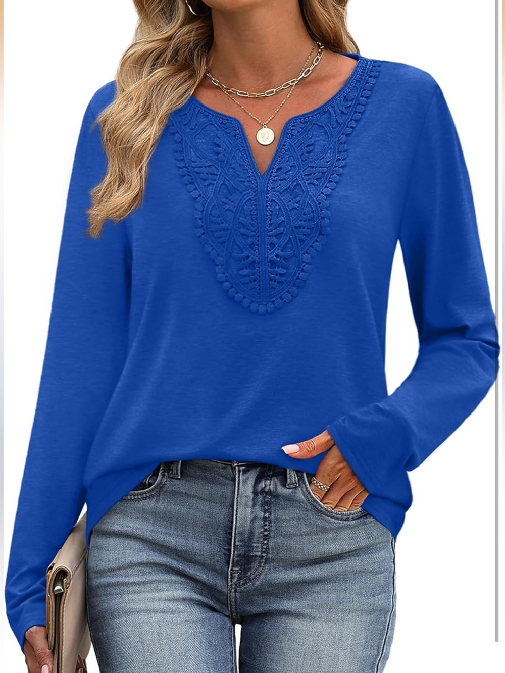 AMAZON Women's Royal Blue Embroidered V-Neck Long Sleeve Top Size XL